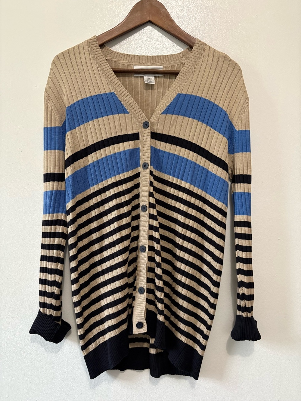 Vintage 100% Silk Beige and Blue Striped Ribbed V-Neck Cardigan Sweater